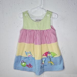 Colorblock Gingham Beach Appliqué Dress - Green, Pink, Yellow, Blue